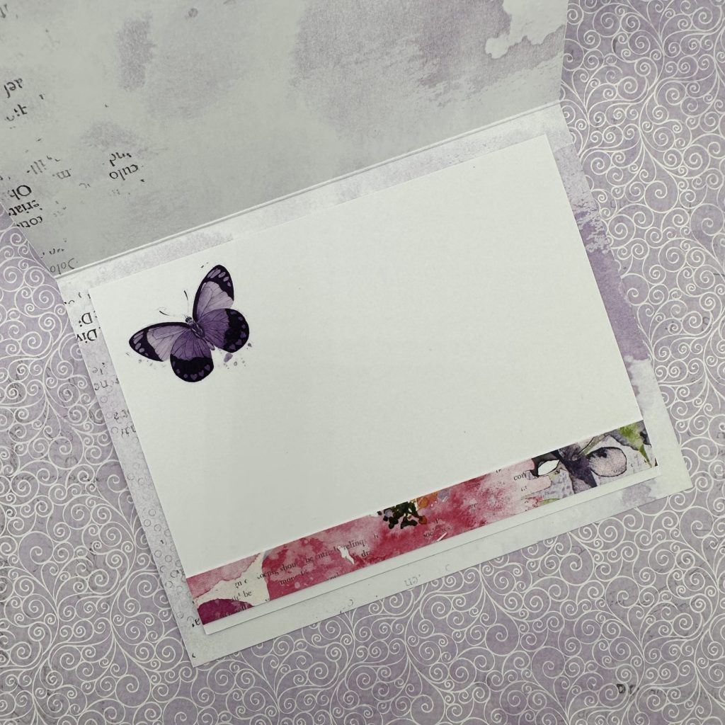layered die cuts inside of card 49 and market color swatch: lavender rub on and strip of patterned paper
