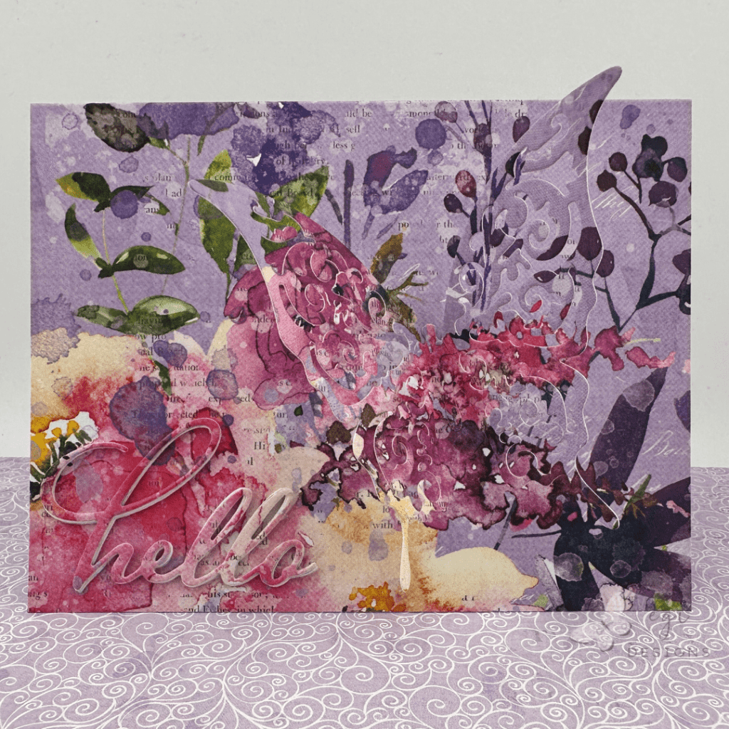 layered die cuts incognito butterfly 49 and market color swatch: lavender patterned paper