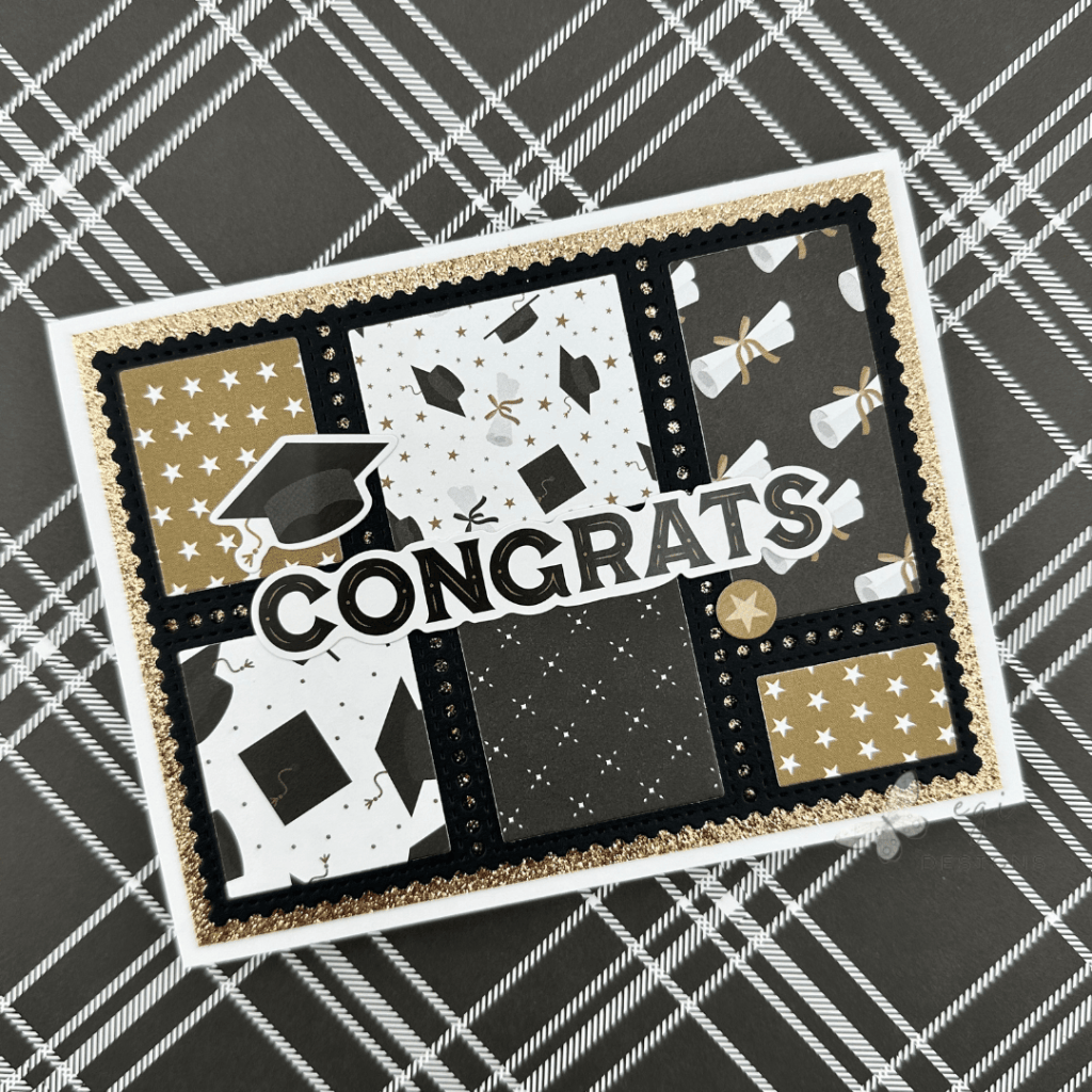 in this picture, i show an easy graduation card i made using the Waffle Flower Postage Collage Die, Waffle Flower Postage Collage Blocks Die, and Echo Park Graduation Paper Collection.