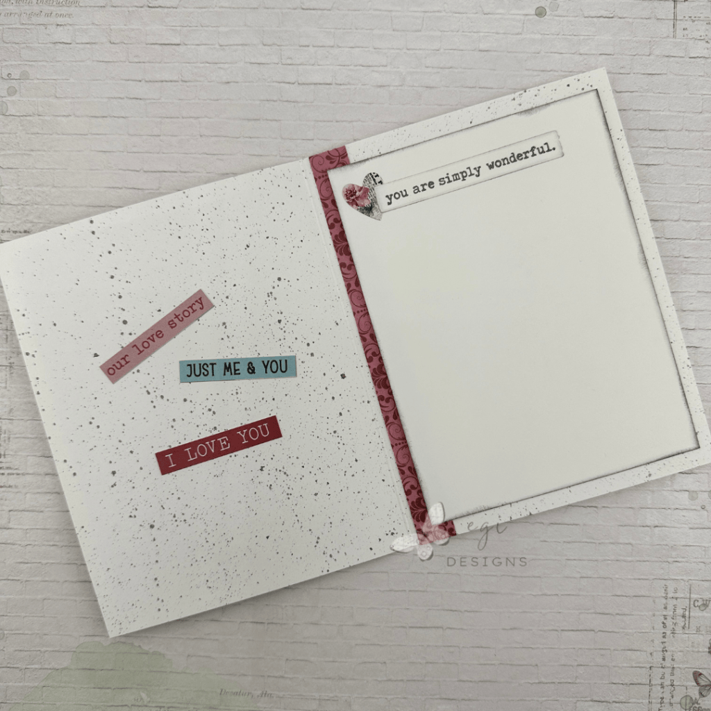 photo of the inside of a vintage-inspired anniversary card using the Simple Stories Simple Vintage Love Story Collection Pack, Spellbinders Torn Edges Die Set, Lisa Horton Crafts Script Text BetterPress plate, and the Dina Wakely Holding Your Heart BetterPress plate and die set.