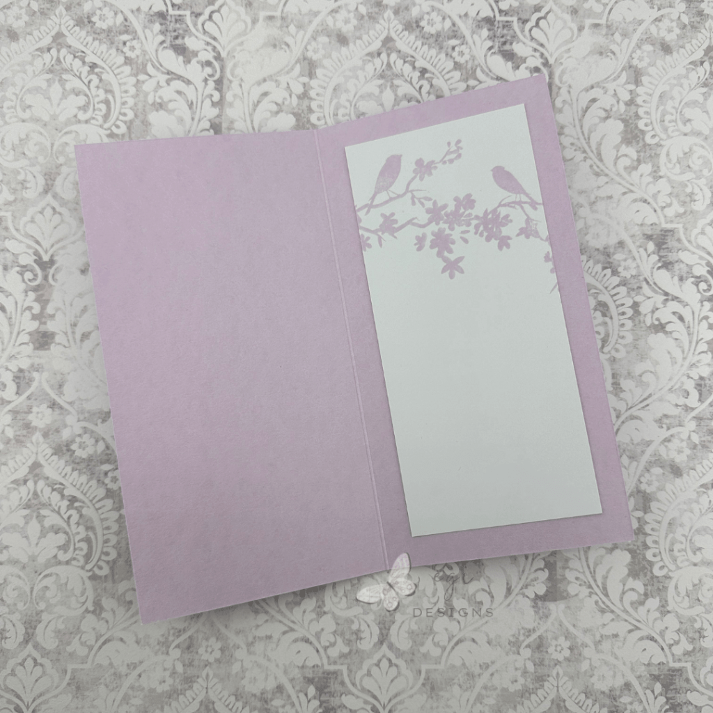 photo of inside of mini slimline card made using gina k designs contemporary floral 3d embossing folder and stencils, with the celebrate you stamp and die set