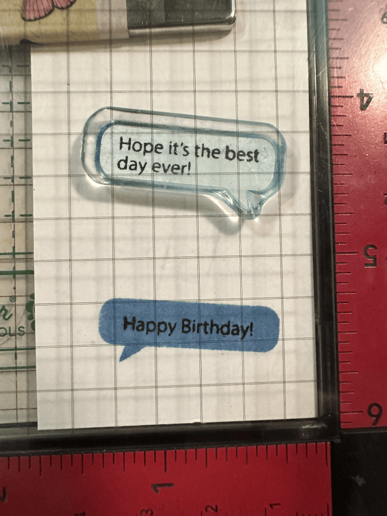photo of tip when using gina k designs next gen word bubbles with sentiments. stamp sentiment first, then word bubble