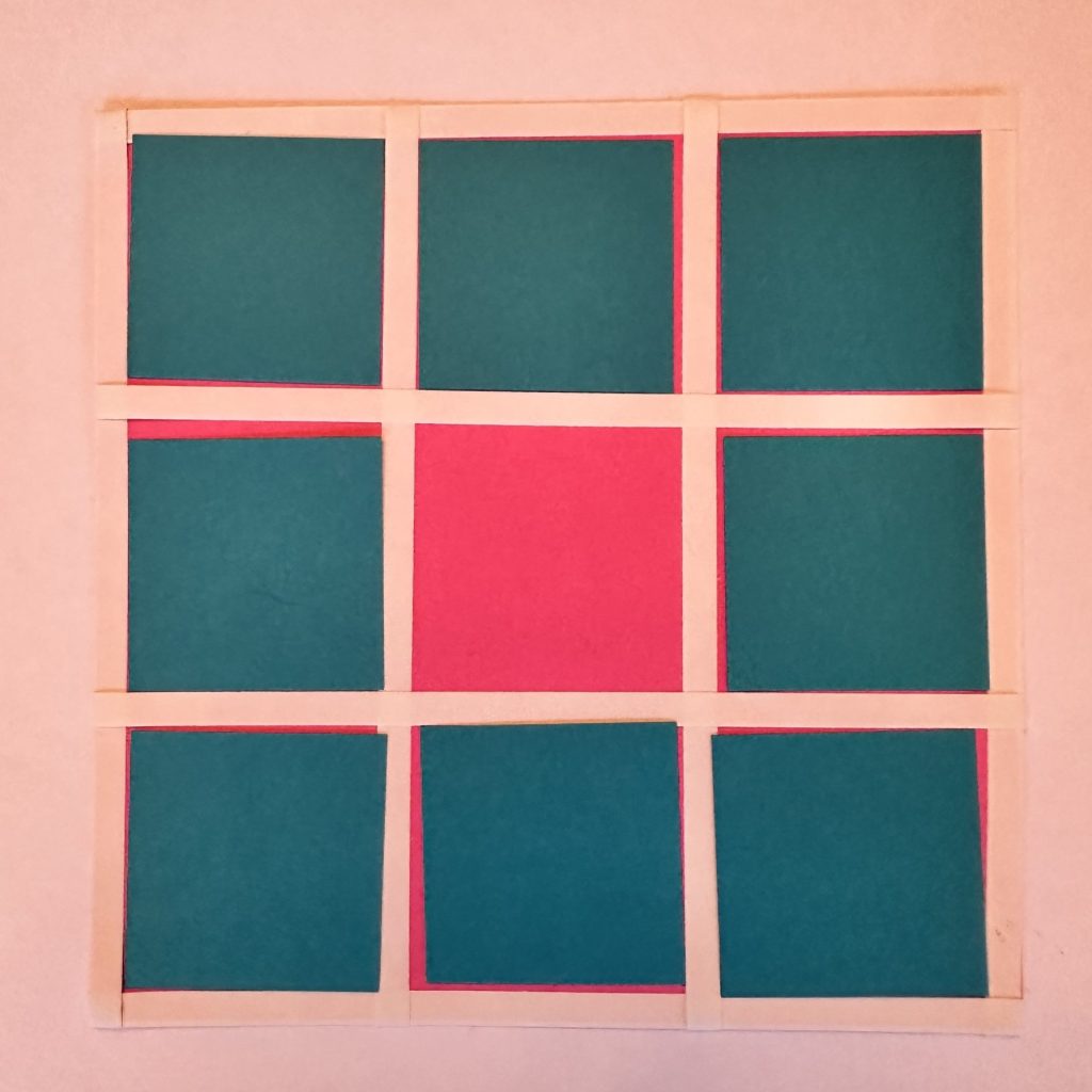 photo of tiled mosaic template i made using a square and 1/6" post it note tape. the squares are 1 1/4" to accommodate the larger square tile stickers