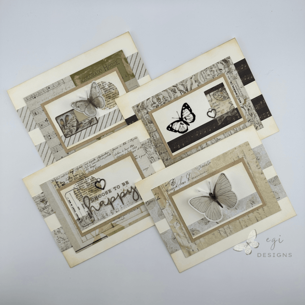 photo of cards 5-8 i made using the sheetload of cards july 2025 sketch with arden creative studio vintage makers collection paper, ephemera, and PET stickers