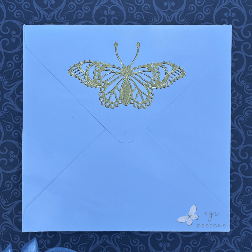 photo of Back of square Envelope with Lacy Gold Pearl Butterfly Dazzle Sticker