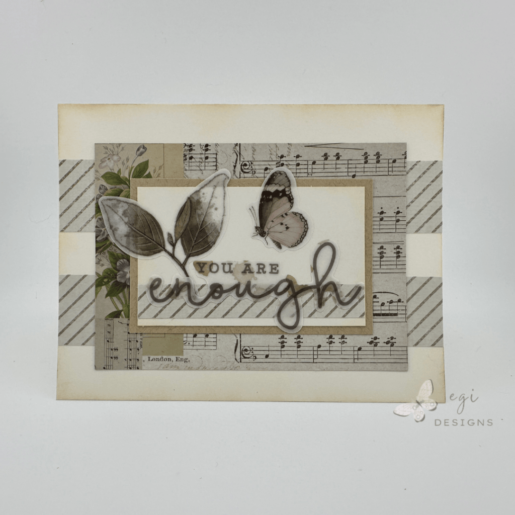 photo of card i made on screen using the sheetload of cards july 2025 sketch with arden creative studio vintage makers collection paper, ephemera, and PET stickers