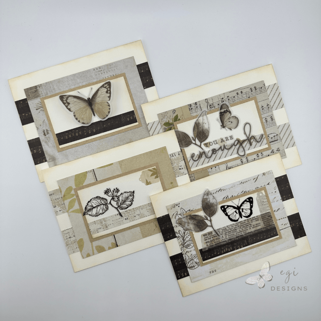 photo of cards 9-12 i made using the sheetload of cards july 2025 sketch with arden creative studio vintage makers collection paper, ephemera, and PET stickers