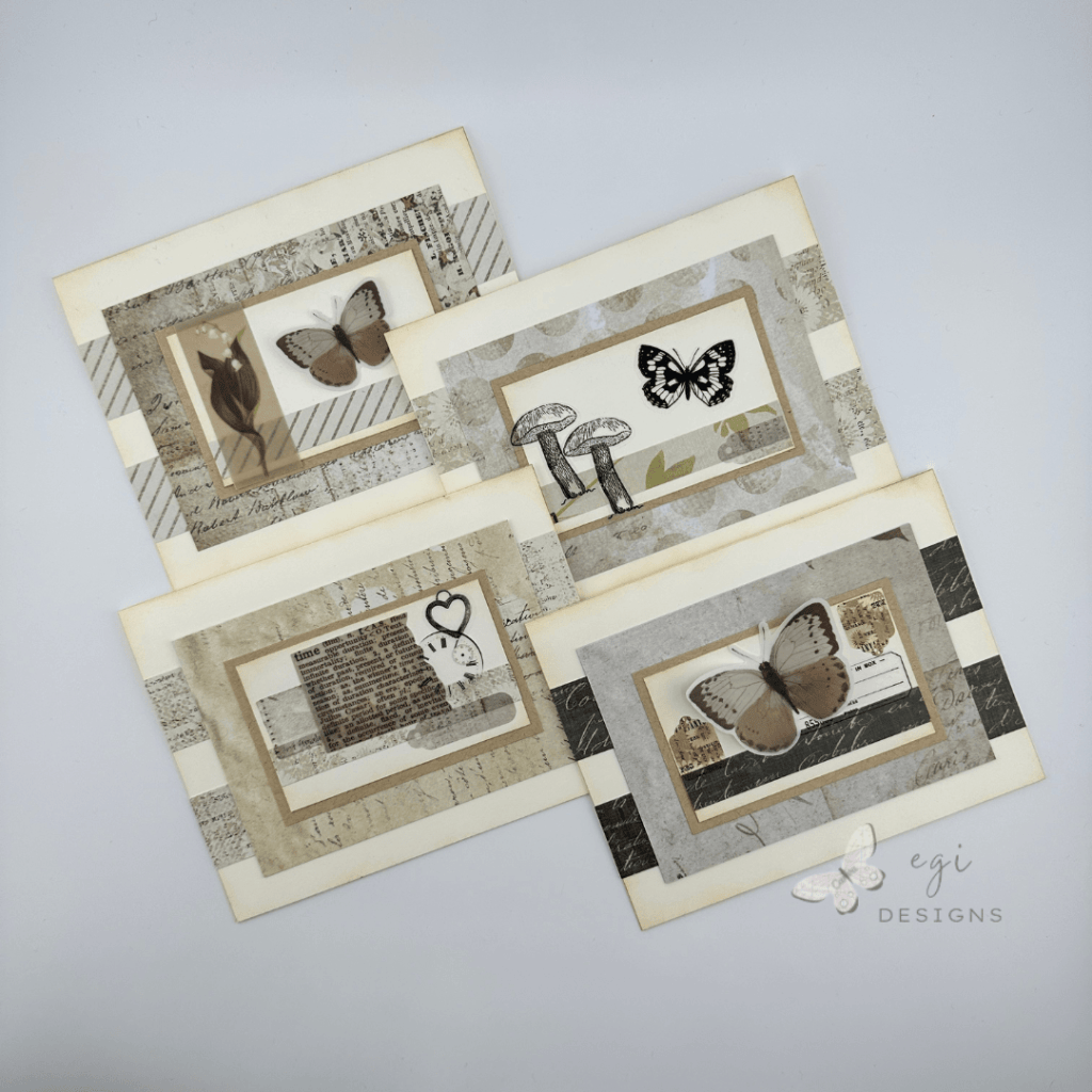 photo of cards 1-4 i made using the sheetload of cards july 2025 sketch with arden creative studio vintage makers collection paper, ephemera, and PET stickers