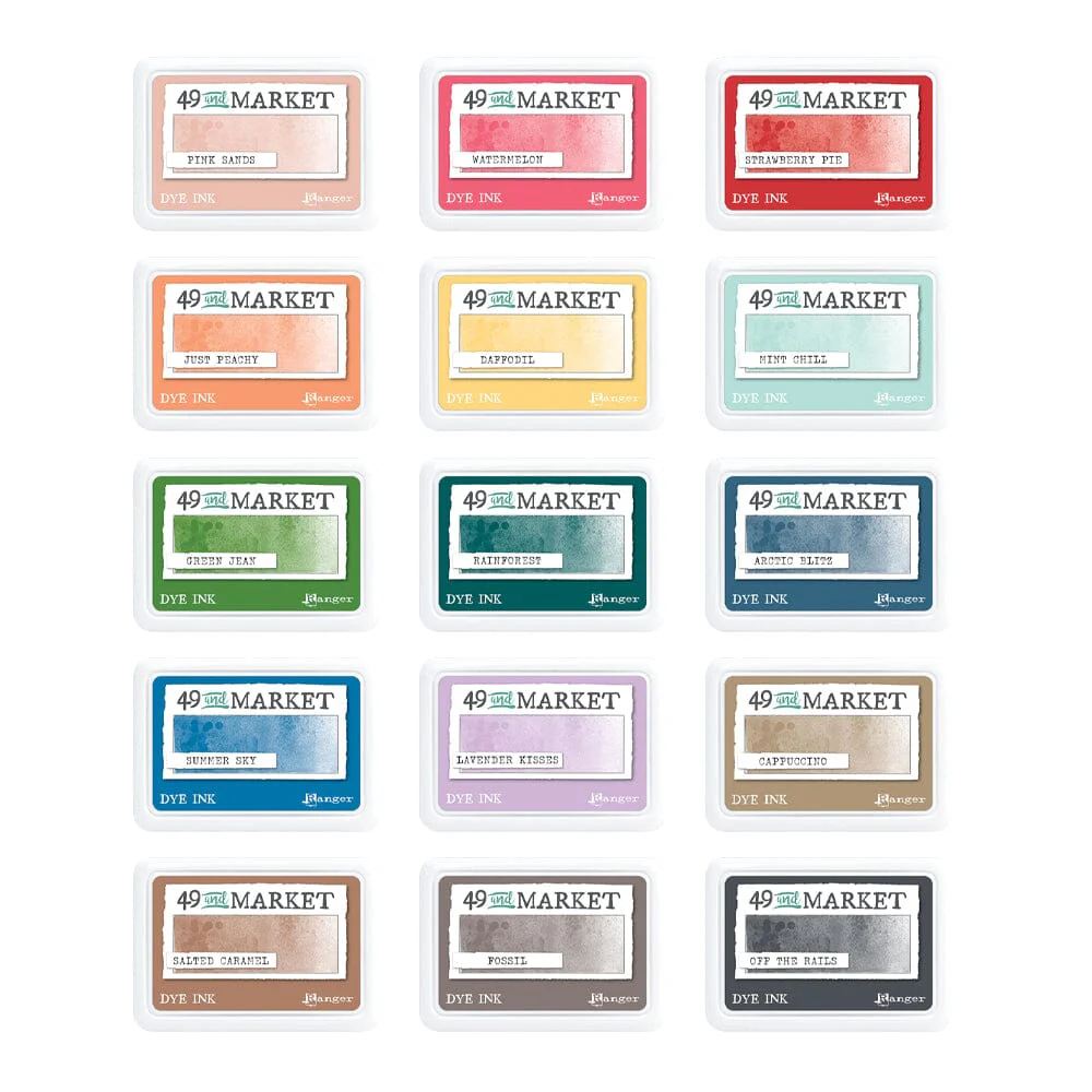 photo of the new 49 and market ink pad collection from ranger. inks include: Pink Sands, Watermelon, Strawberry Pie, Just Peachy, Daffodil, Mint Chill, Green Jean, Rainforest, Arctic Blitz, Summer Sky, Lavender Kisses, Cappuccino, Salted Caramel, Fossil, and Off the Rails.