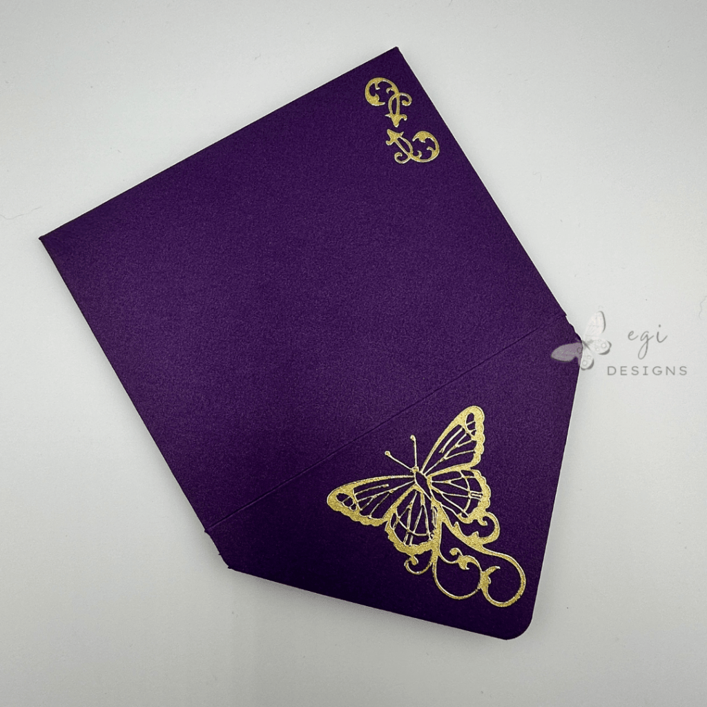 photo of Front and back of envelope, decorated with Paper Wishes Gold Pearl Butterflies