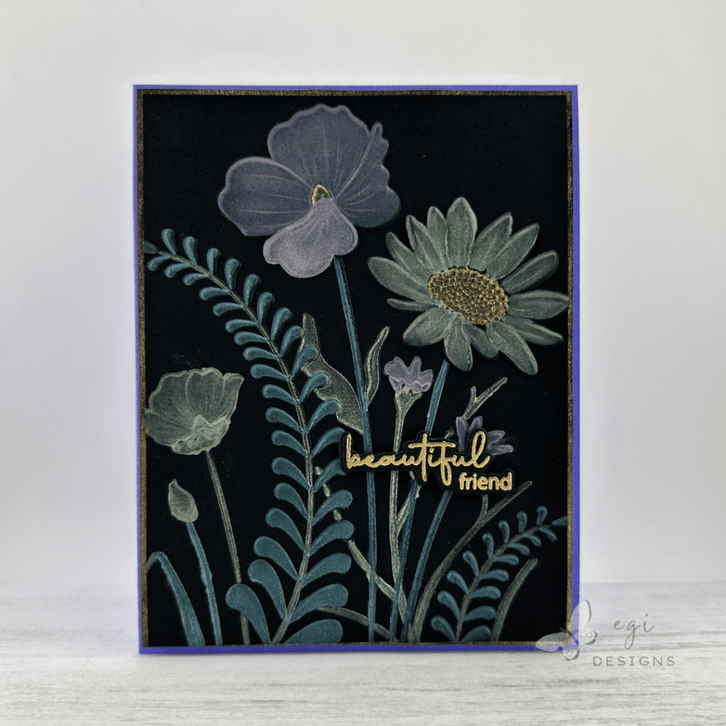 photo of Lisa Horton Crafts Interference and Colour Shift Inks on black cardstock, with Gina K Designs Wildflower Stems Embossing Folder and Stencil Set