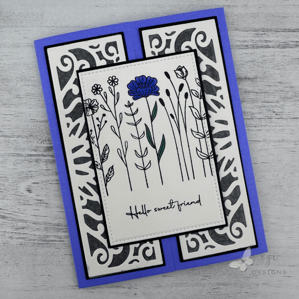 photo of vertical gatefold card using wild wisteria cardstock, glorious gatefolds die set, tall stems stamp set