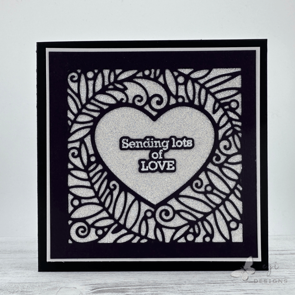 photo of square card using gina k designs heart frame die set, and we go together stamp and die set from cheerful garden mega card kit