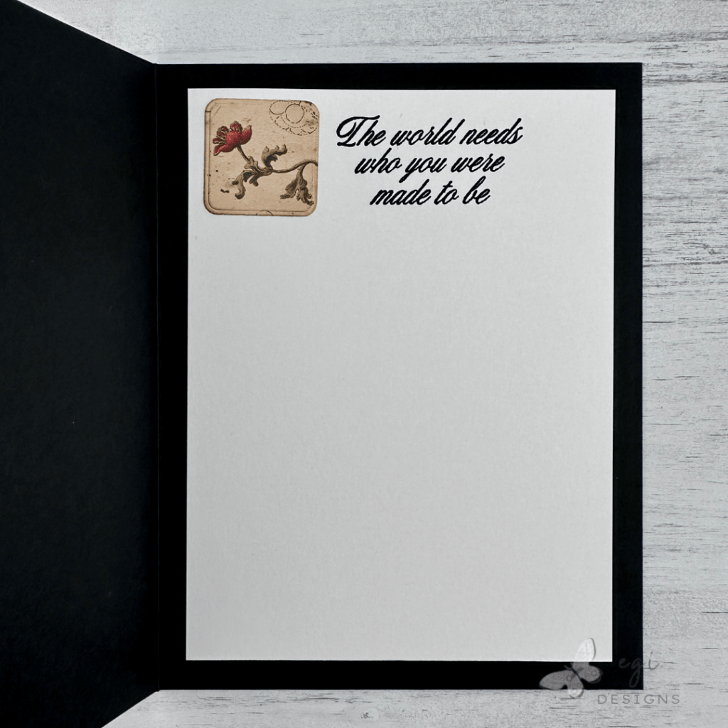 photo of inside of card using be your beautiful self stamp set and a die cut square from the tim holtz palette papers