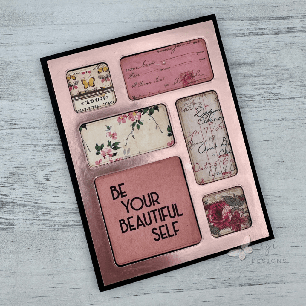 photo of rose gold card, artful palette stencils and dies to create window frame collage, windows filled with tim holtz palette collection paper