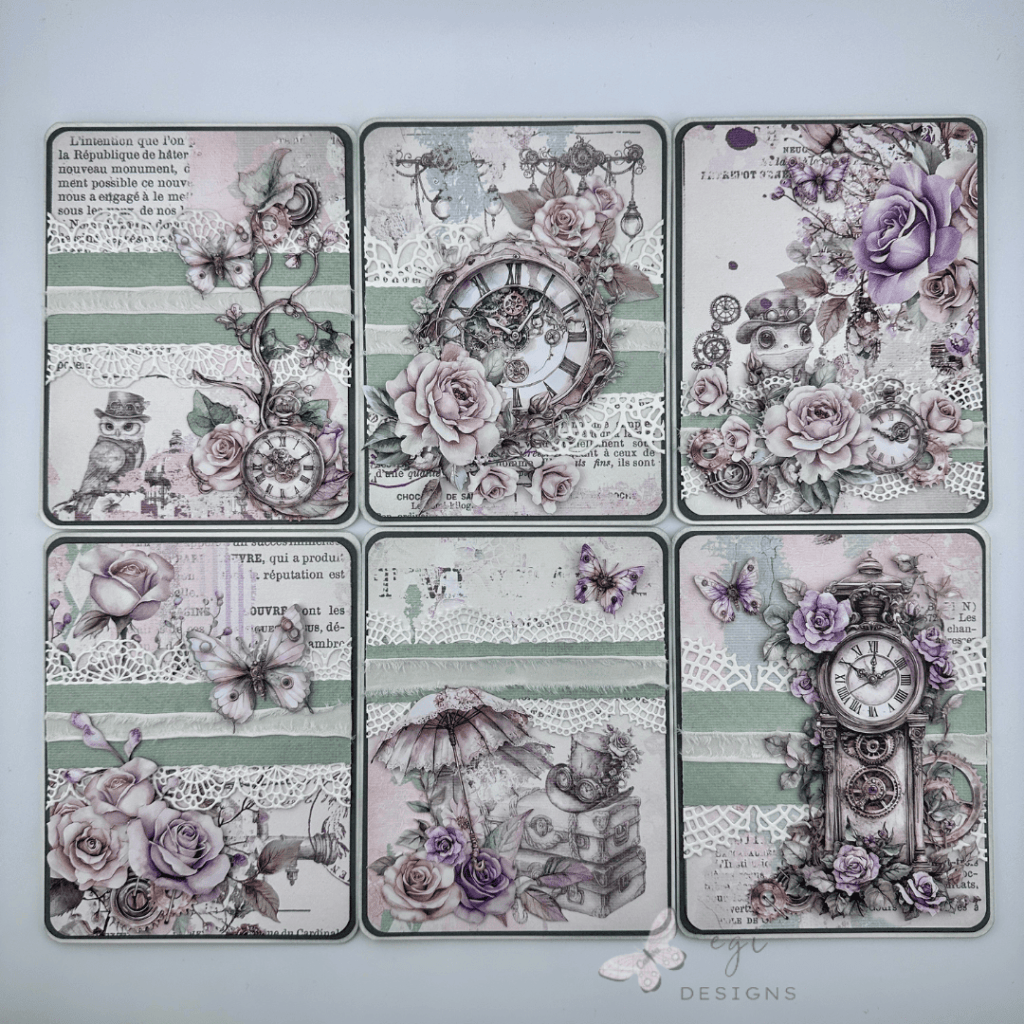 photo of six completed cards using the sheetload of cards sketch for february 2026 with the 49 and market echoes of time collection