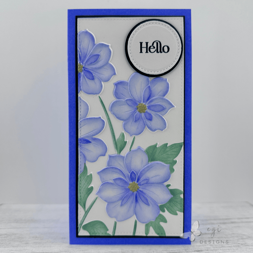photo of mini slimline card using the gina k designs ruffled blooms stencils, embossing folder, and stamp set, with master layouts 7 