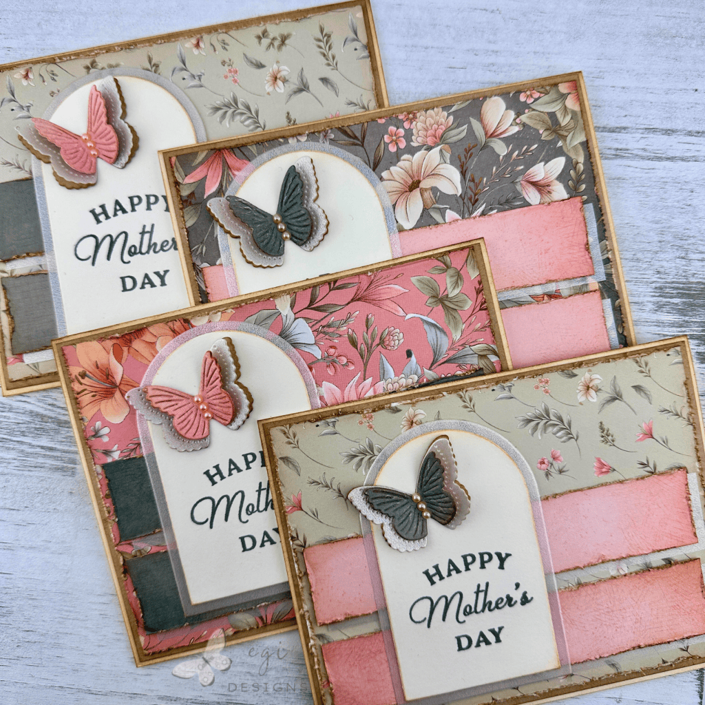 photo of completed mother's day cards using the march 2026 sheetload of cards sketch
