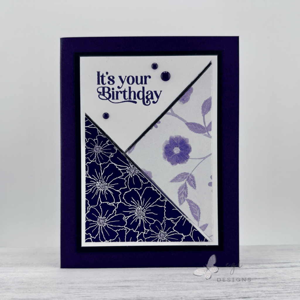 photo of Card #3: Birthday Card, using boho rose lavender paper, altenew andromeda ink and enchanted garden enamel dots, memory box birthday greetings stamp set, paper wishes silver mirror straight line dazzle stickers