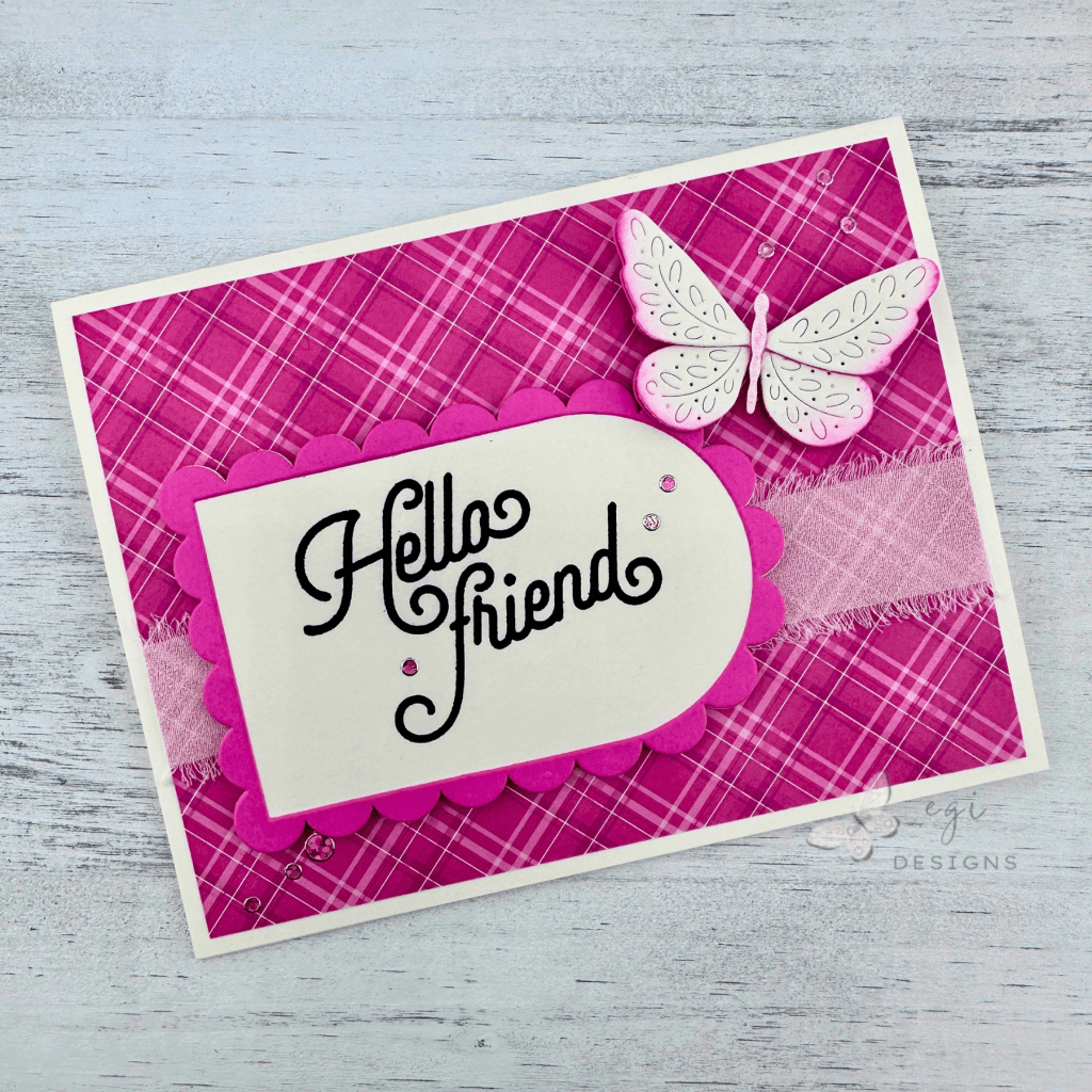 photo of butterfly card using the Flourish Butterfly Trio, Scalloped Arches Die Set, Scalloped Arches Frames Die Set, Crimped A2 Rectangles Die Set, and the Good Greetings 1 Stamp Set