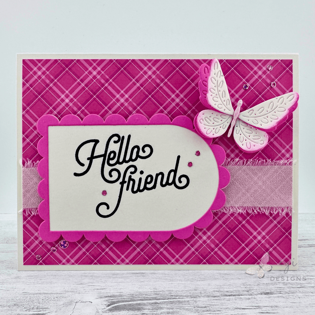 photo of butterfly card using the Flourish Butterfly Trio, Scalloped Arches Die Set, Scalloped Arches Frames Die Set, Crimped A2 Rectangles Die Set, and the Good Greetings 1 Stamp Set