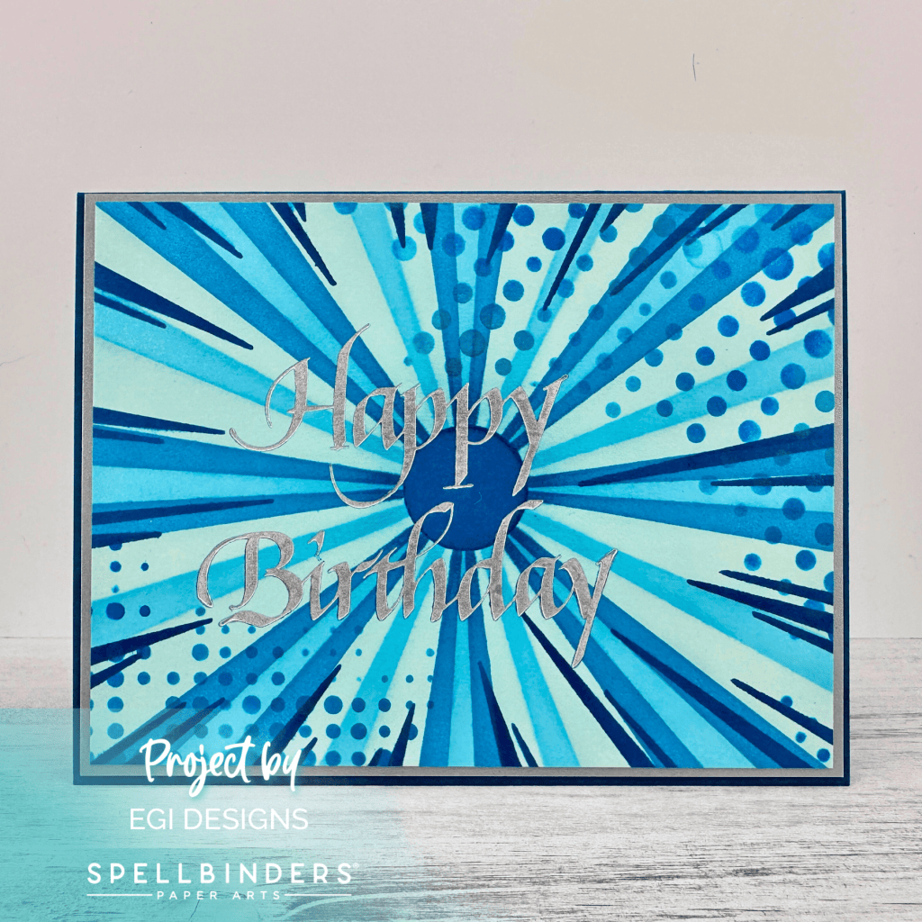 photo of Spellbinders Stencil of the Month: Burst Mode with Upright Italic Happy Birthday BetterPress Plate, altenew cool summer nights ink quad