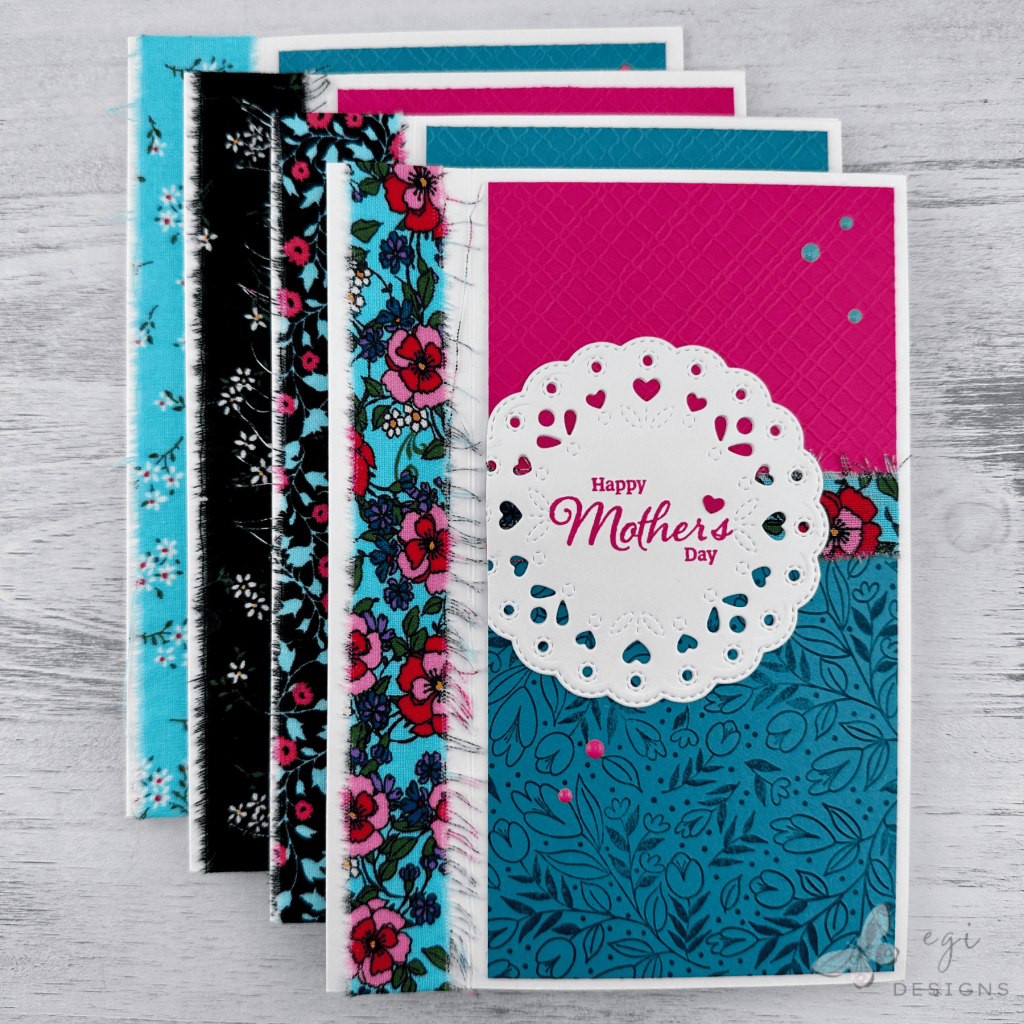 photo of completed cards using concord & 9th berry kiss and lakefront cardstock, inks, enamel dots, with fabric strips.