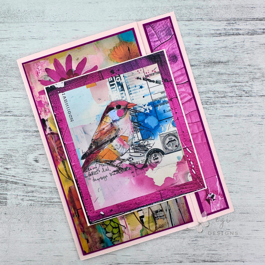 photo of completed card using spellbinders beautifully imperfect paper, chiffon and mulberry cardstock