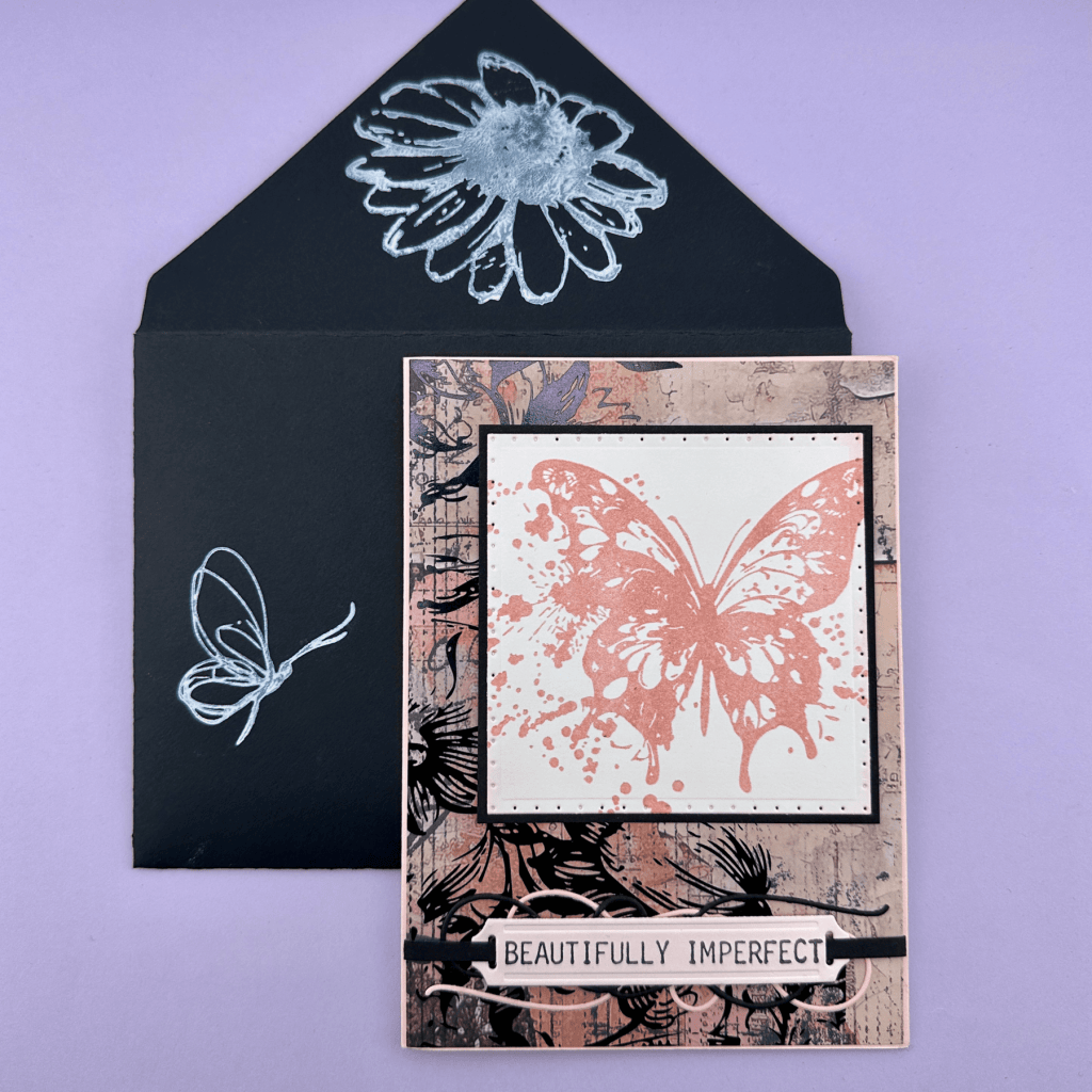 photo of card and envelope using spellbinders beautifully imperfect paper, simon says stamp a little artsy stamp set