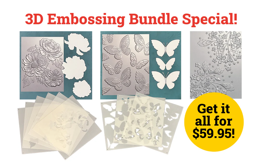 photo of Gina K Designs Embossing Folder Bundle: Blossom Trio Embossing Folder and Stencils, Delicate Butterflies Embossing Folder and Stencils, Floral Burst Embossing Folder