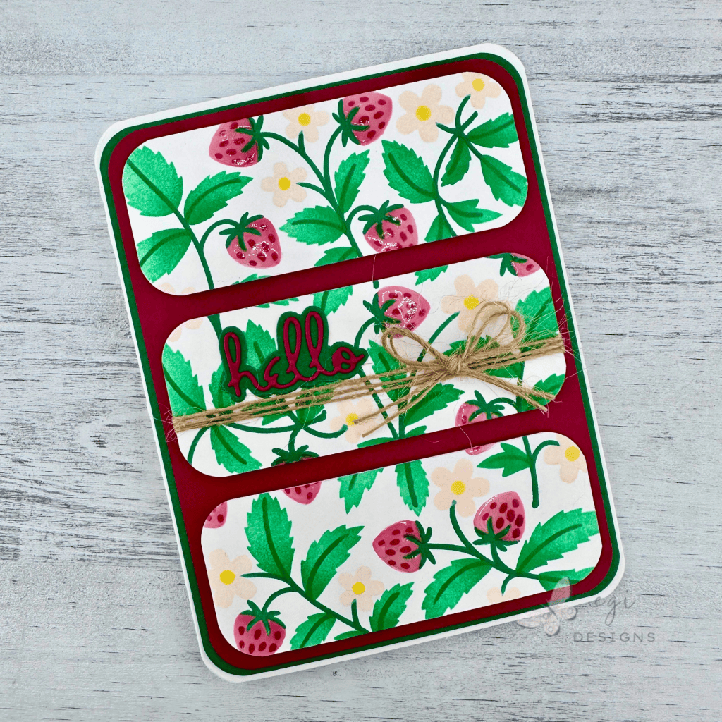 photo of completed card using spellbinders market berries stencil of the month for april 2026, with altenew green meadows and blushberry bliss ink quads for the stenciling