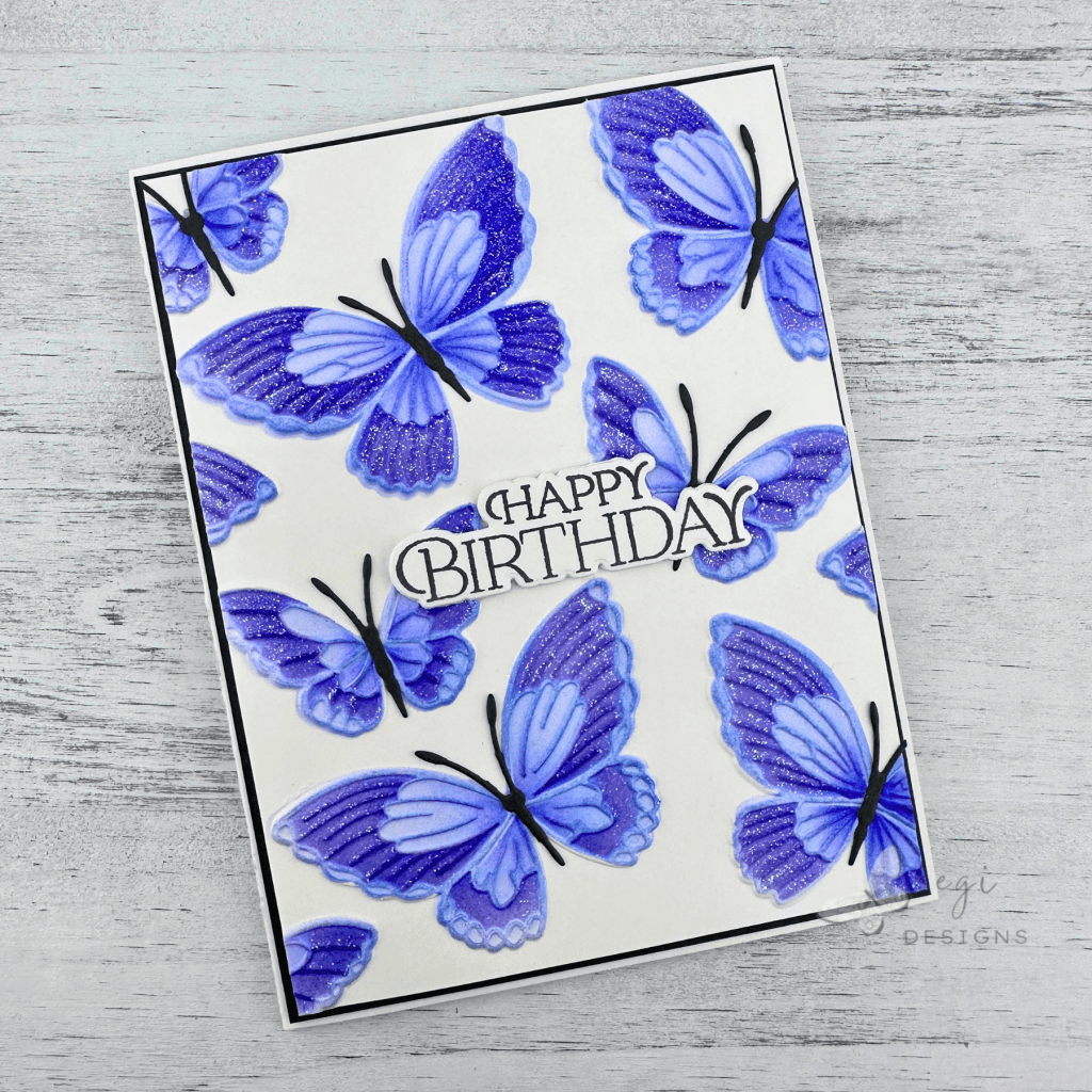 photo of card made with Gina K Designs Delicate Butterflies Embossing Folder and Stencil Set. Lilac Trio inks, and sentiment from the Courtyard Silhouettes Stamp Set