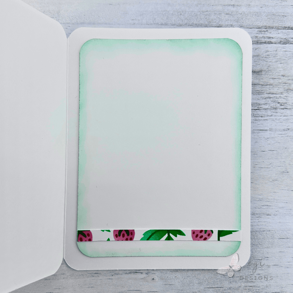 photo of Inside of the Card, panel edged with green ink, and stenciled strip added to the bottom of the panel