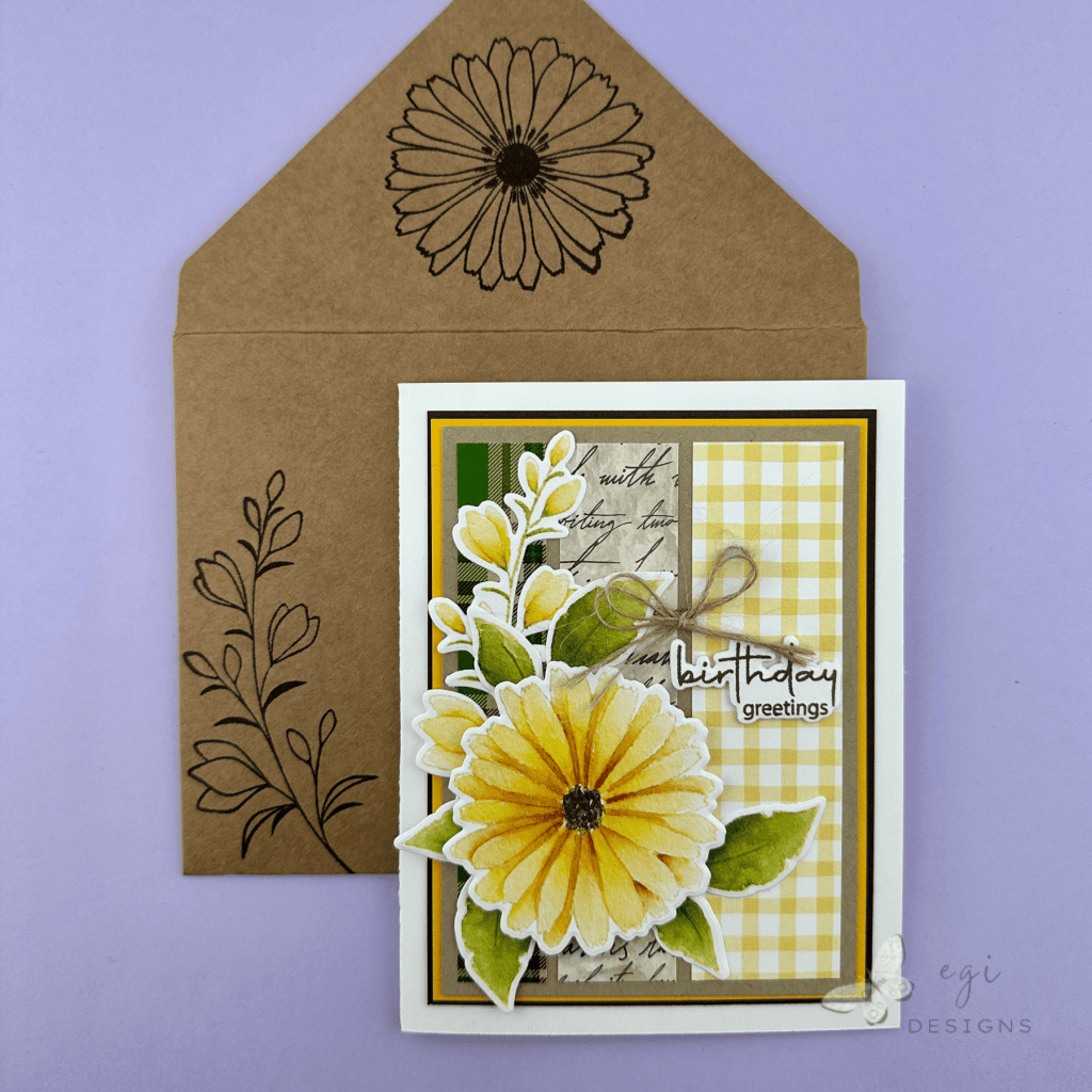 photo of gina k designs card and coordinating envelope using the delicate flowers stamp set and delicate patterns paper