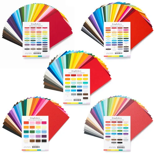 photo of scrapbook.com bundle pack of new premium cardstock collection: Classic Cardstock, Heavyweight Cardstock, Swiss Dot Cardstock, Glimmer Cardstock, and Canvas Cardstock