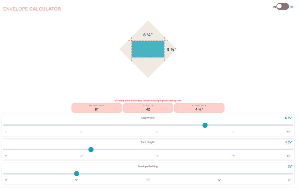 photo of online calculator at American Crafts showing numbers for mini slimline card