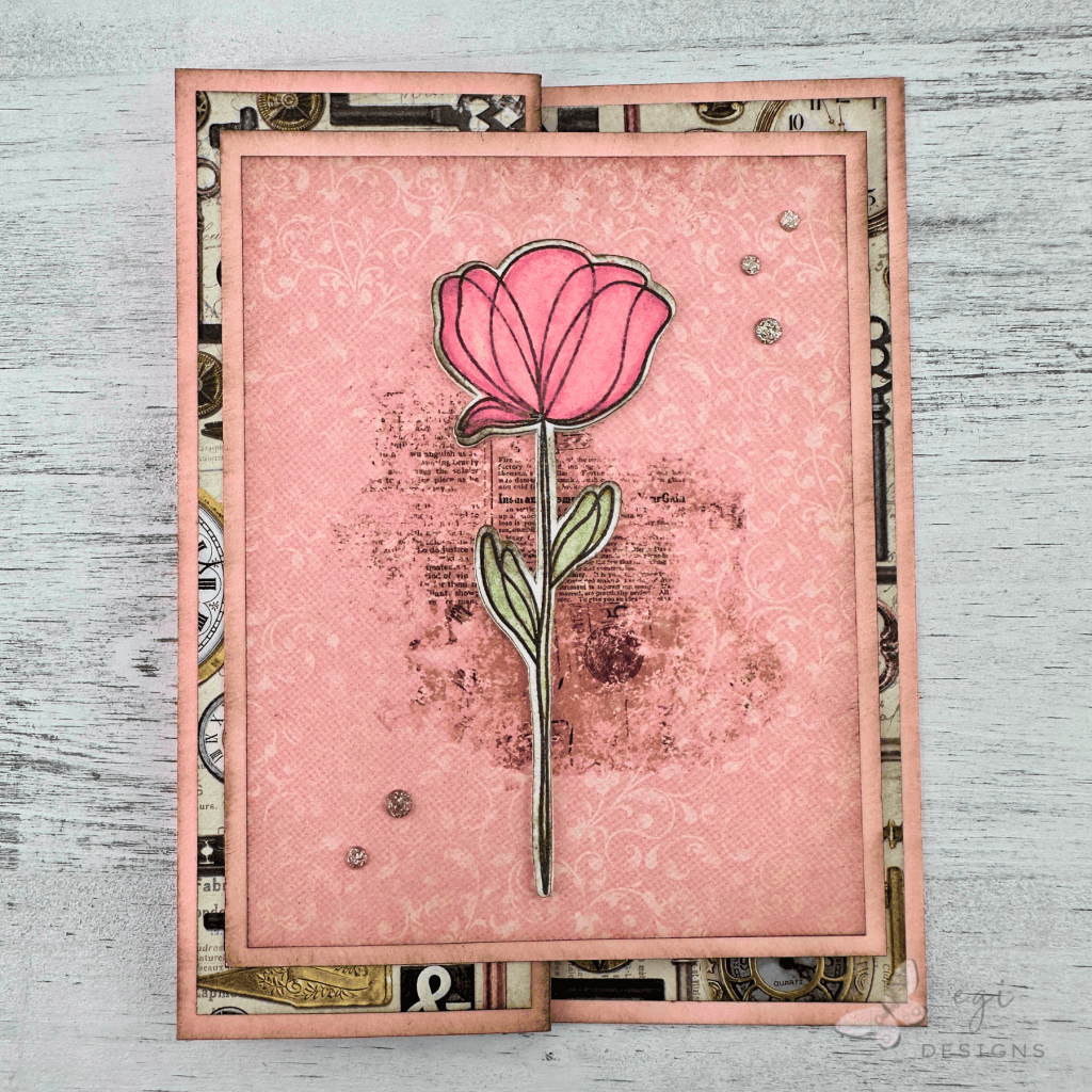 photo of stepped up completed card using simple stories simple vintage junk drawer collection and simon says stamp long stem florals card kit