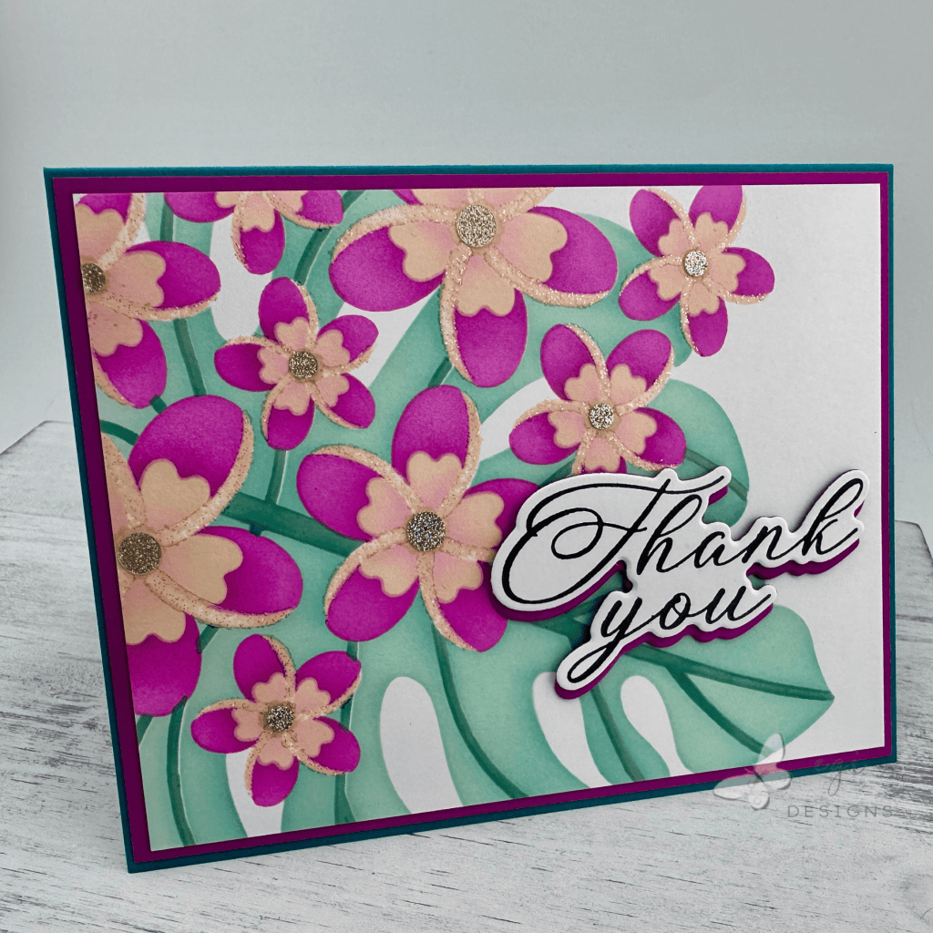 photo of completed thank you card using the plumeria spray stencil set, altenew inks, heat embossing, and betterpress sentiment