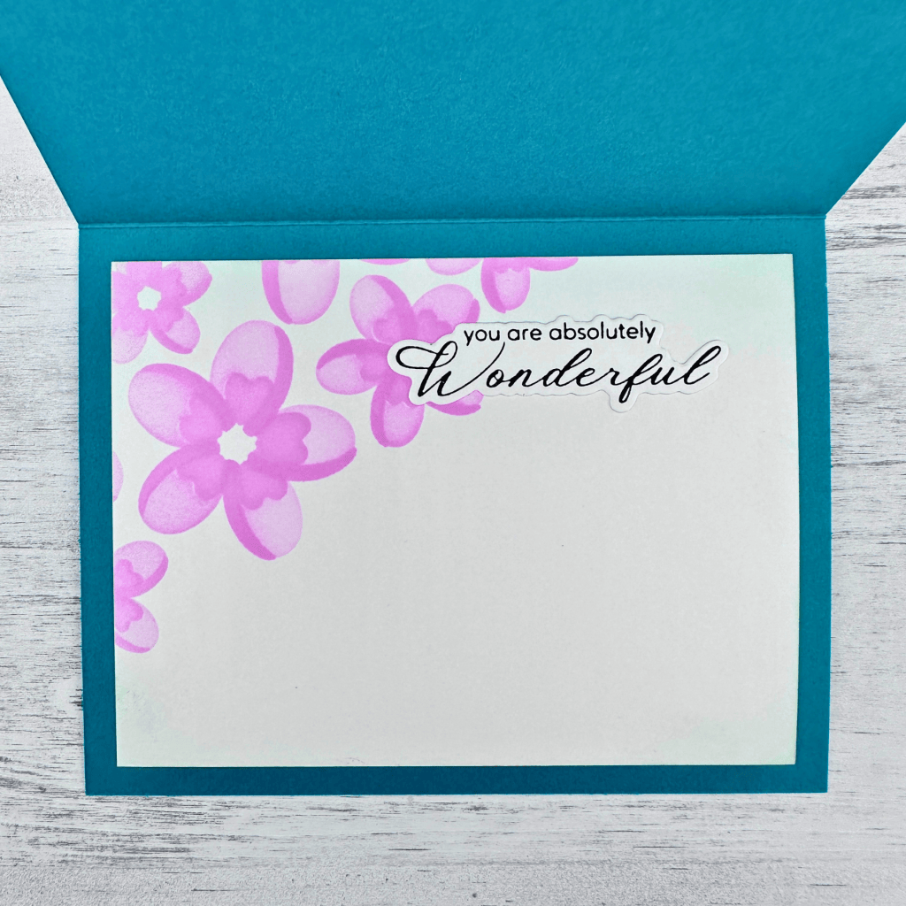 photo of inside of the card using the stencil set with baby pink ink, and alex syberia classic sentiment