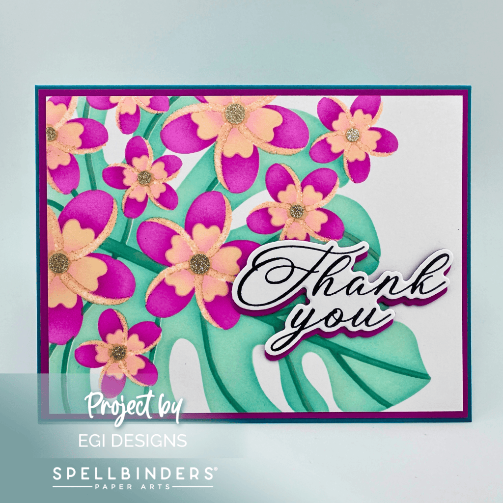 photo of completed thank you card using the plumeria spray stencil set, altenew inks, heat embossing, and betterpress sentiment