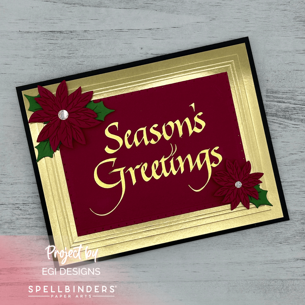 photo of Spellbinders Upright Italic Season's Greetings BetterPress and Foil Plate, Molded Frame Embossing Folder, Holiday Blooms Die Set