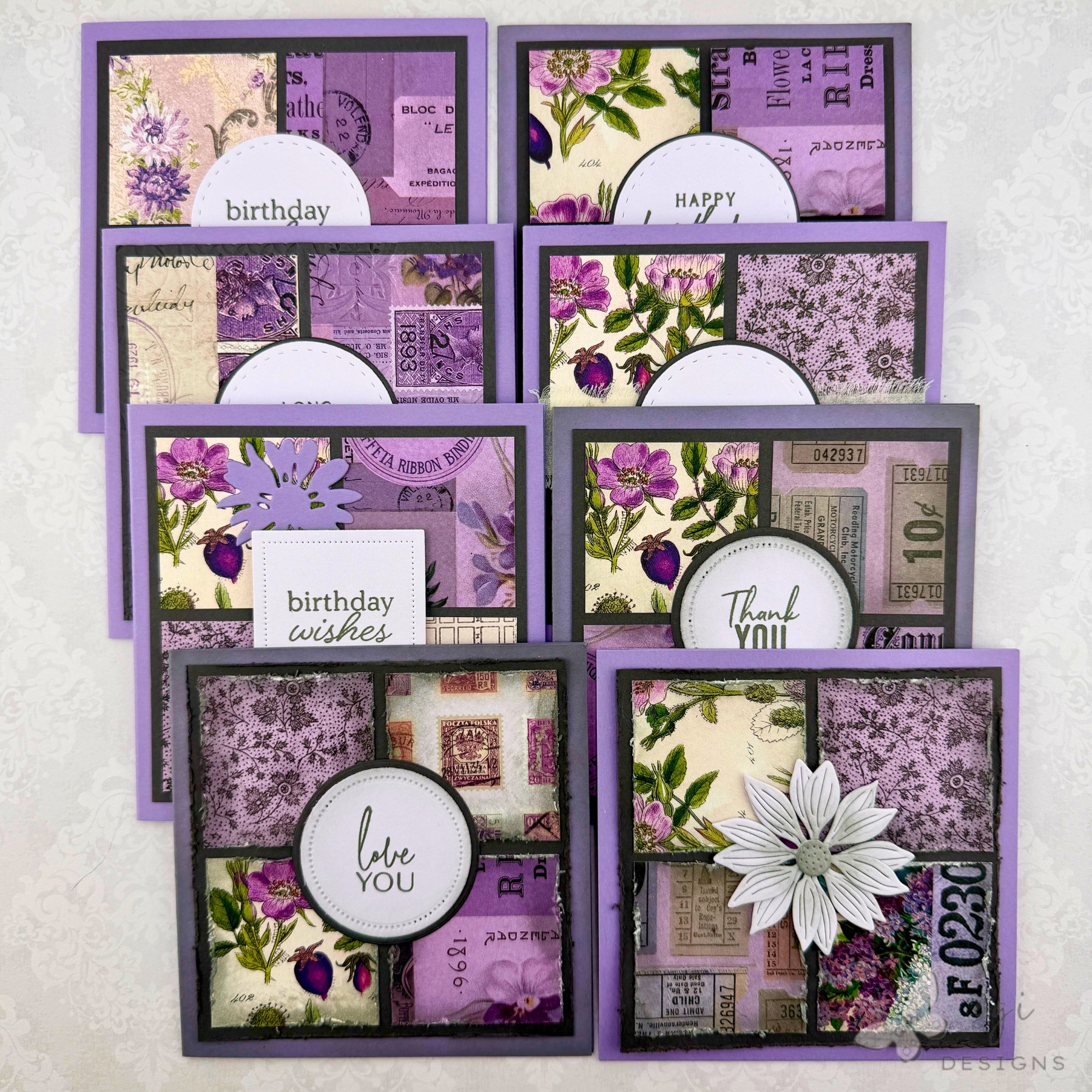 eight square cards made by egi designs using the sheetload of cards sketch for august 2026, using tim holtz palette: purple paper