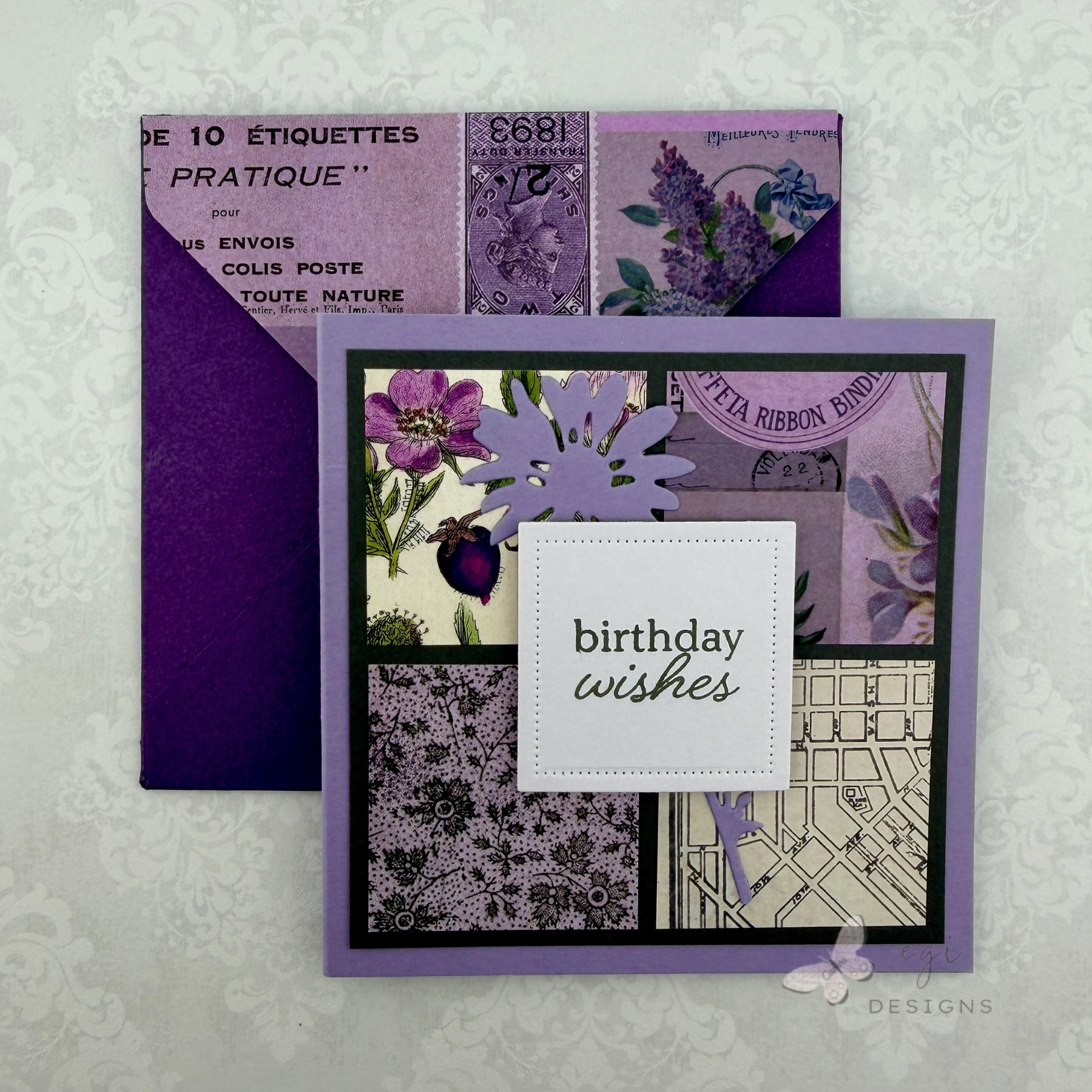 completed coordinating card and envelope by egi designs using tim holtx palette: purple paper, paper accents pearlized paper, we r makers envelope punch up board 